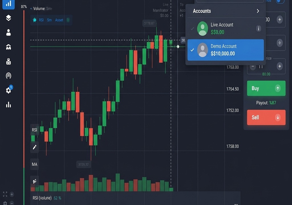 Binary options demo account header showing active virtual funds balance for risk-free practice.